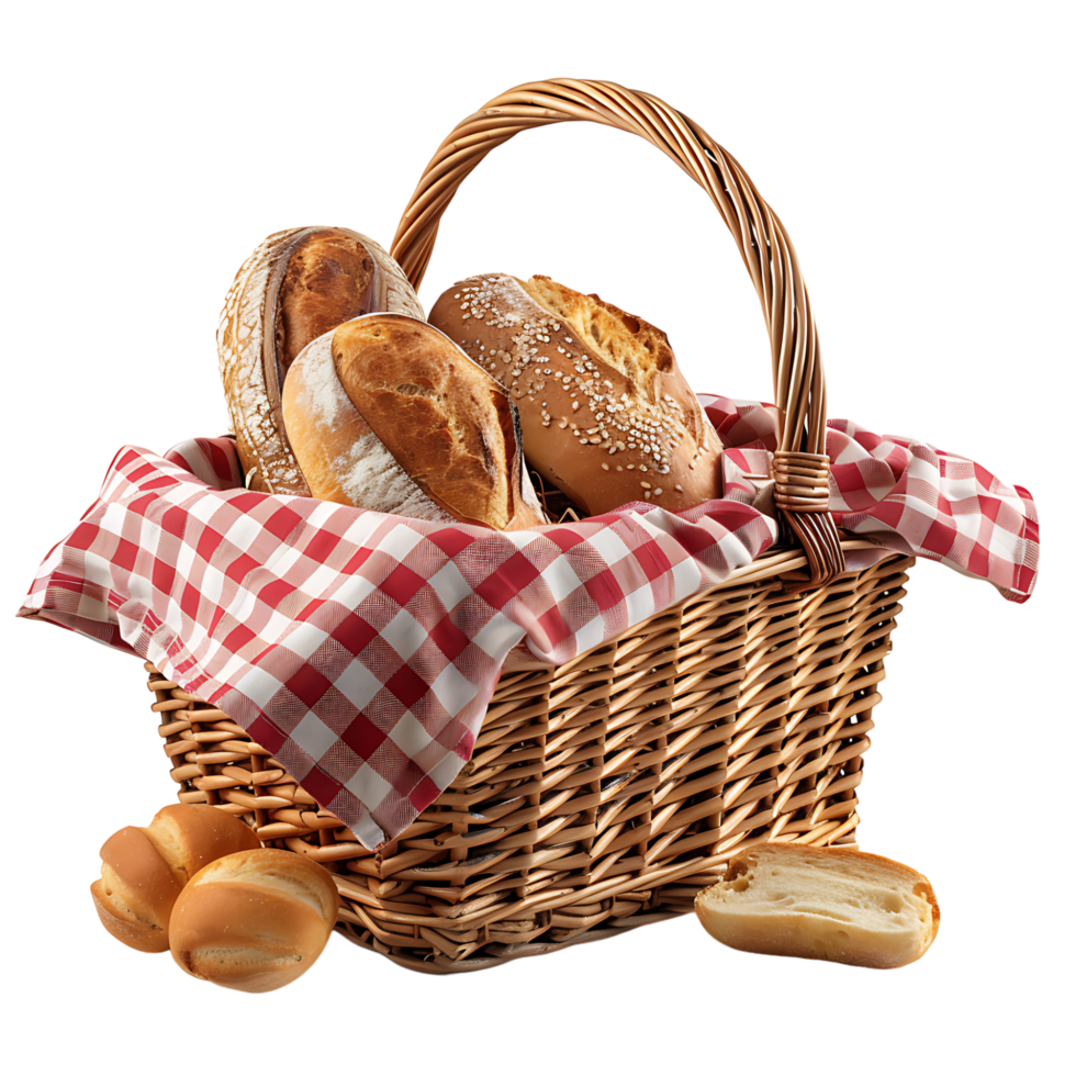 Bread in picnic basket on isolated transparent background png