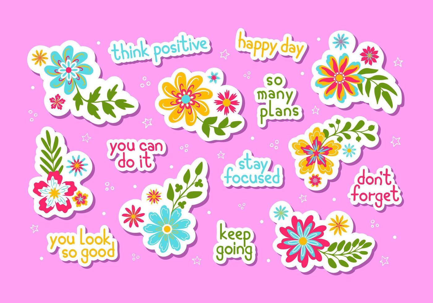 Floral motivation stickers, retro colors vector