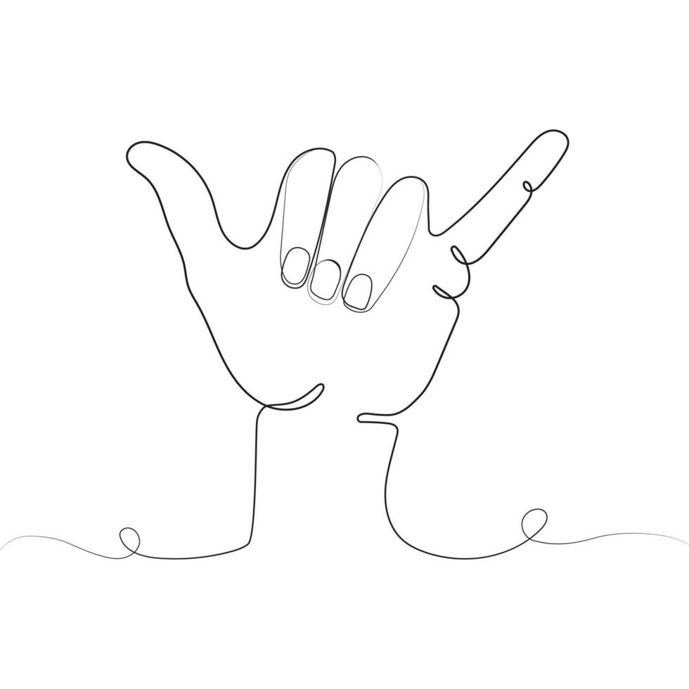 Continuous line of Shaka hand gesture. Shaka symbol. Hand hawaiian greeting gesture sign One line drawing. illustration vector