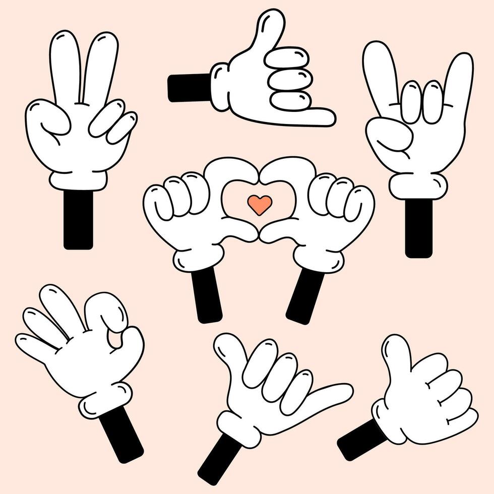 Retro comic hands gestures in gloves set .Doodle arm pointing finger show different signs,rock sign,heart,peace and victory,shaka sign,thumbs up.Cartoon groovy funny hands isolated illustration vector