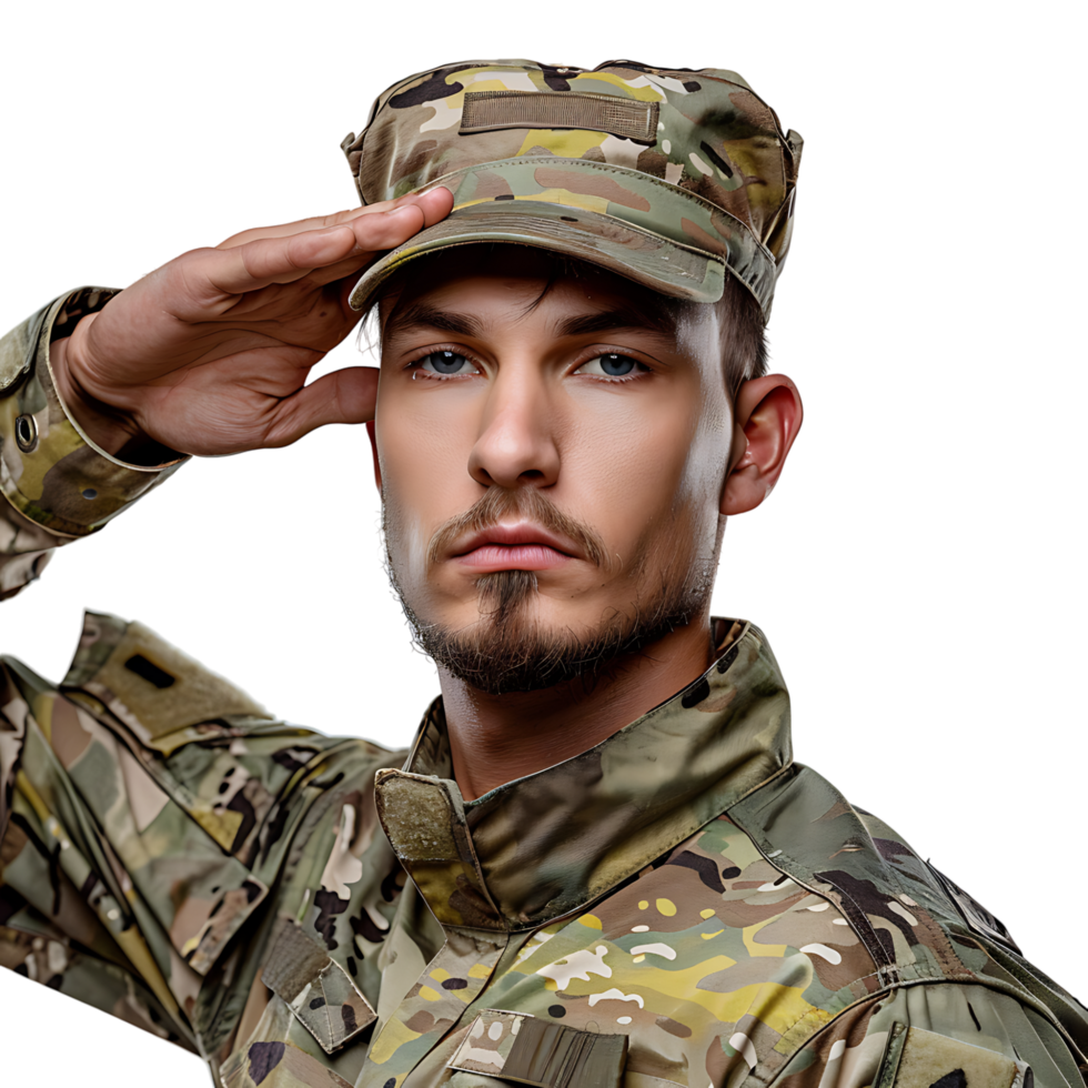 Portrait of male soldier in camouflage saluting on isolated transparent background png