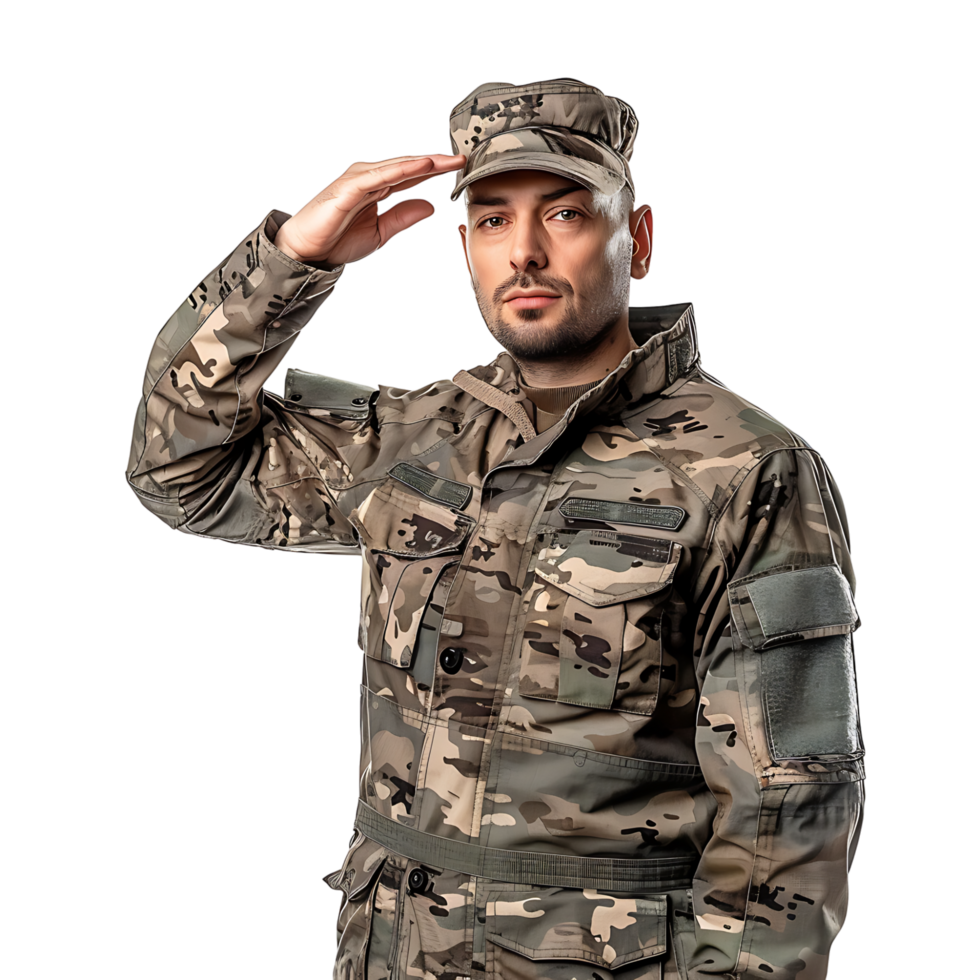 retrato do masculino soldado dentro camuflar saudando em isolado transparente fundo png