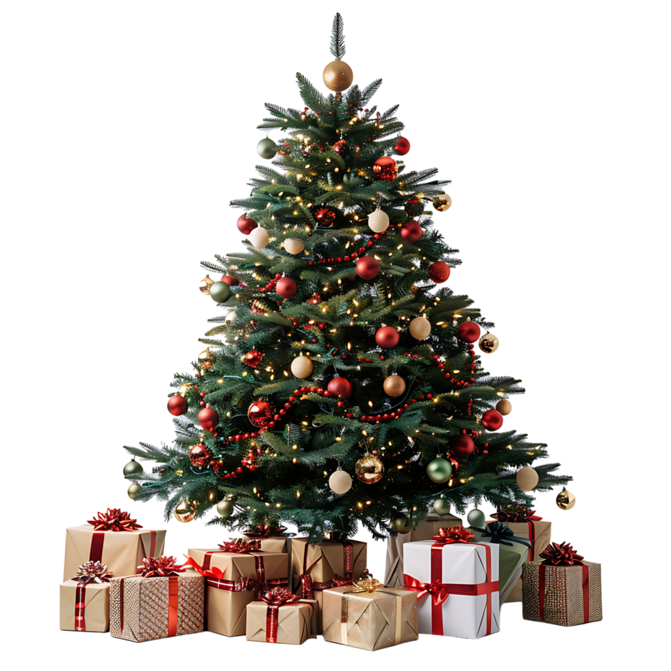 Christmas tree with gifts on isolated transparent background png