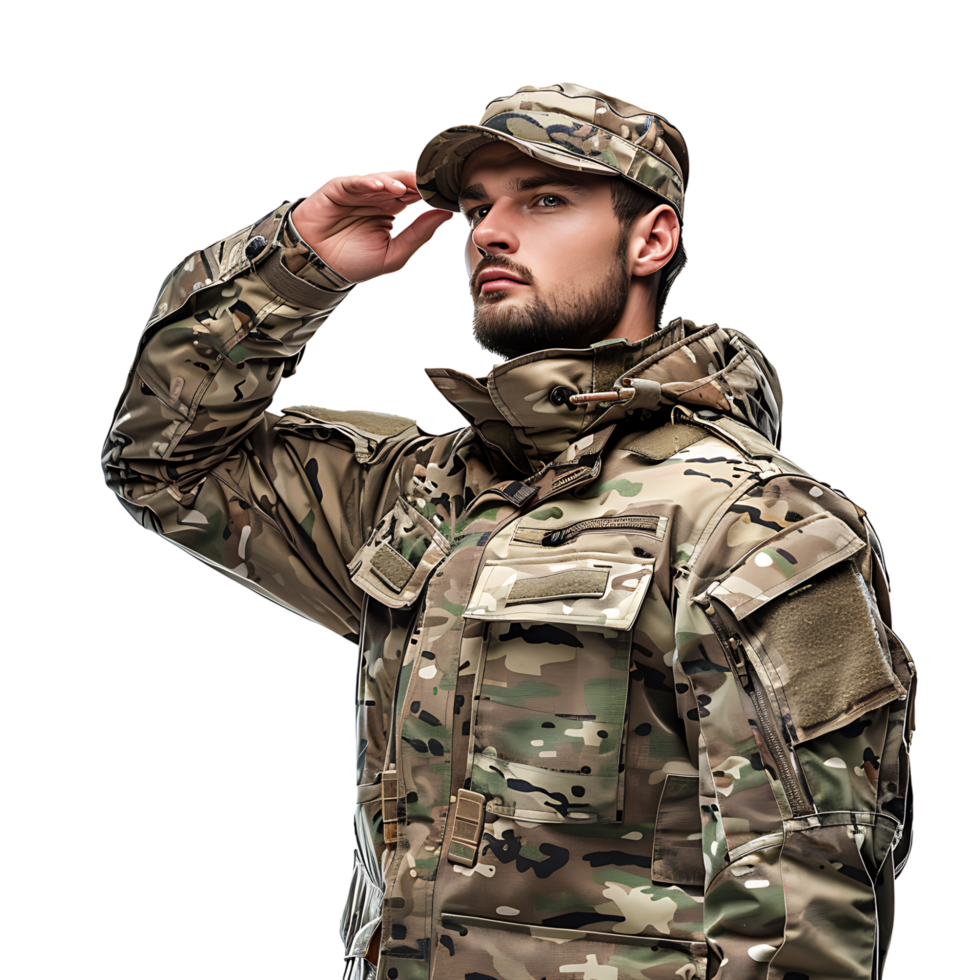 Portrait of male soldier in camouflage saluting on isolated transparent background png