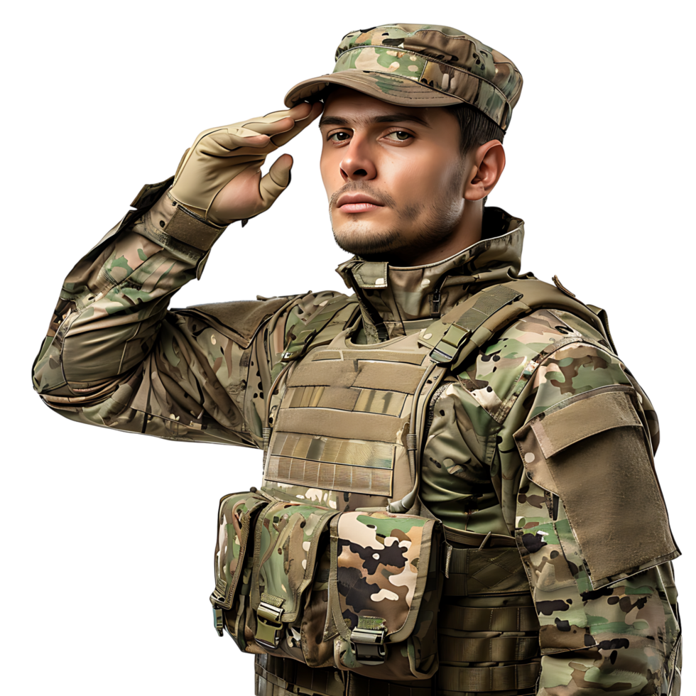 portrait de Masculin soldat dans camouflage saluer sur isolé transparent Contexte png