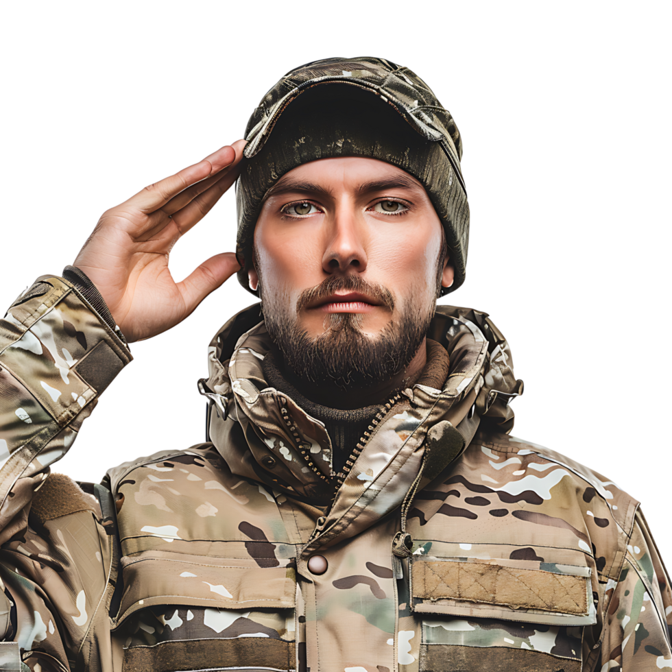 Portrait of male soldier in camouflage saluting on isolated transparent background png