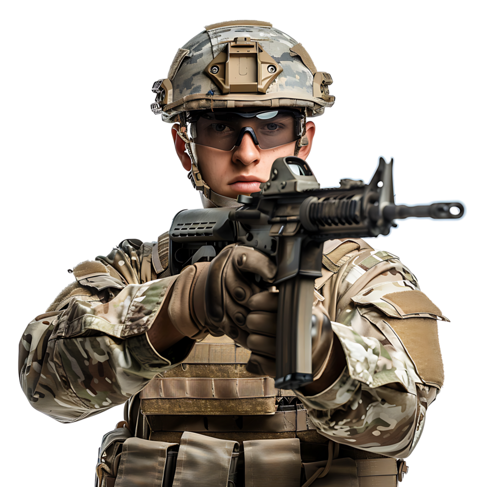 Soldier holding a gun on isolated transparent background png
