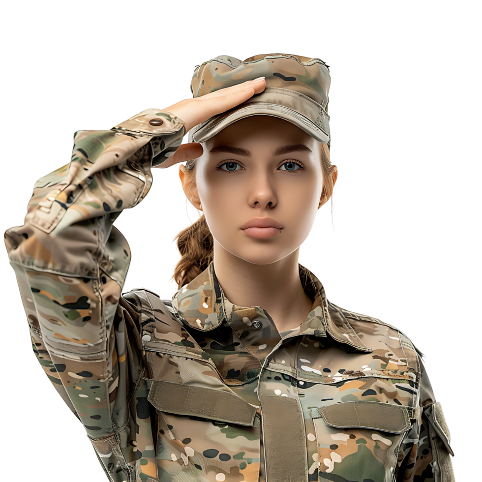 Female military personnel salute on isolated transparent background png