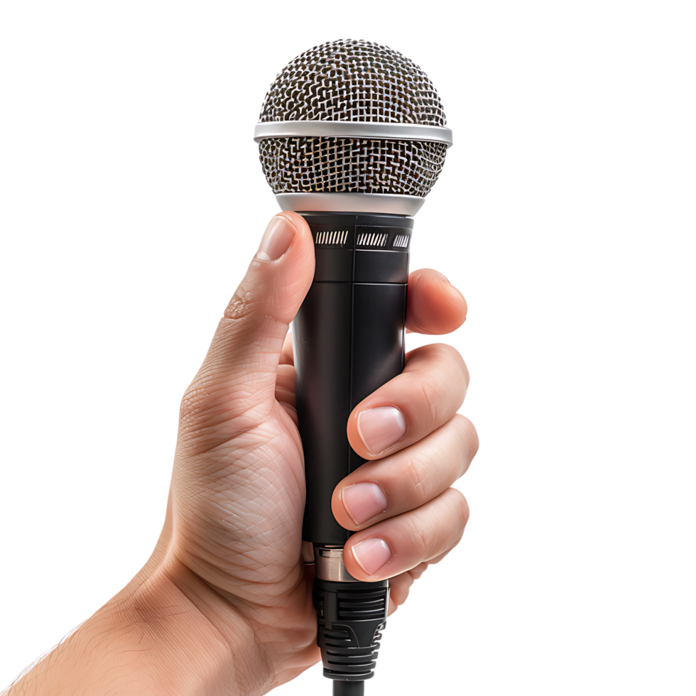 Hand holding giving microphone on isolated transparent background png