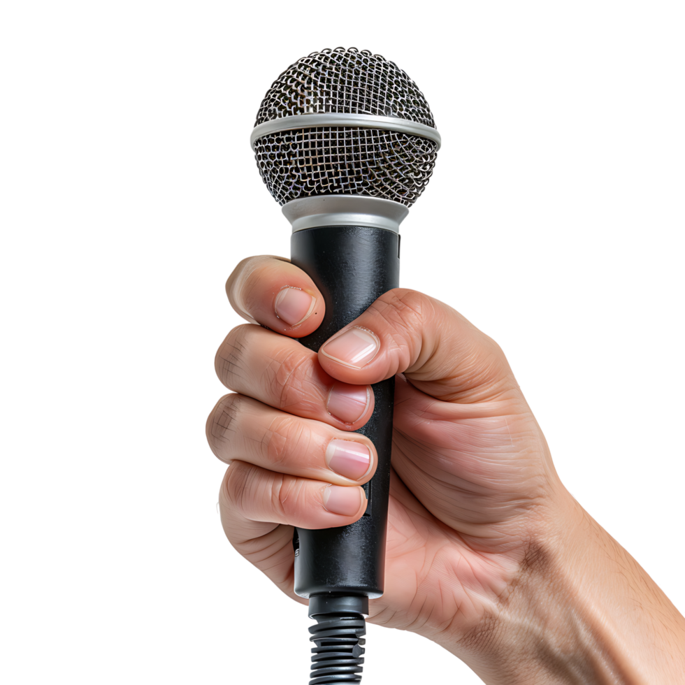 Hand holding giving microphone on isolated transparent background png