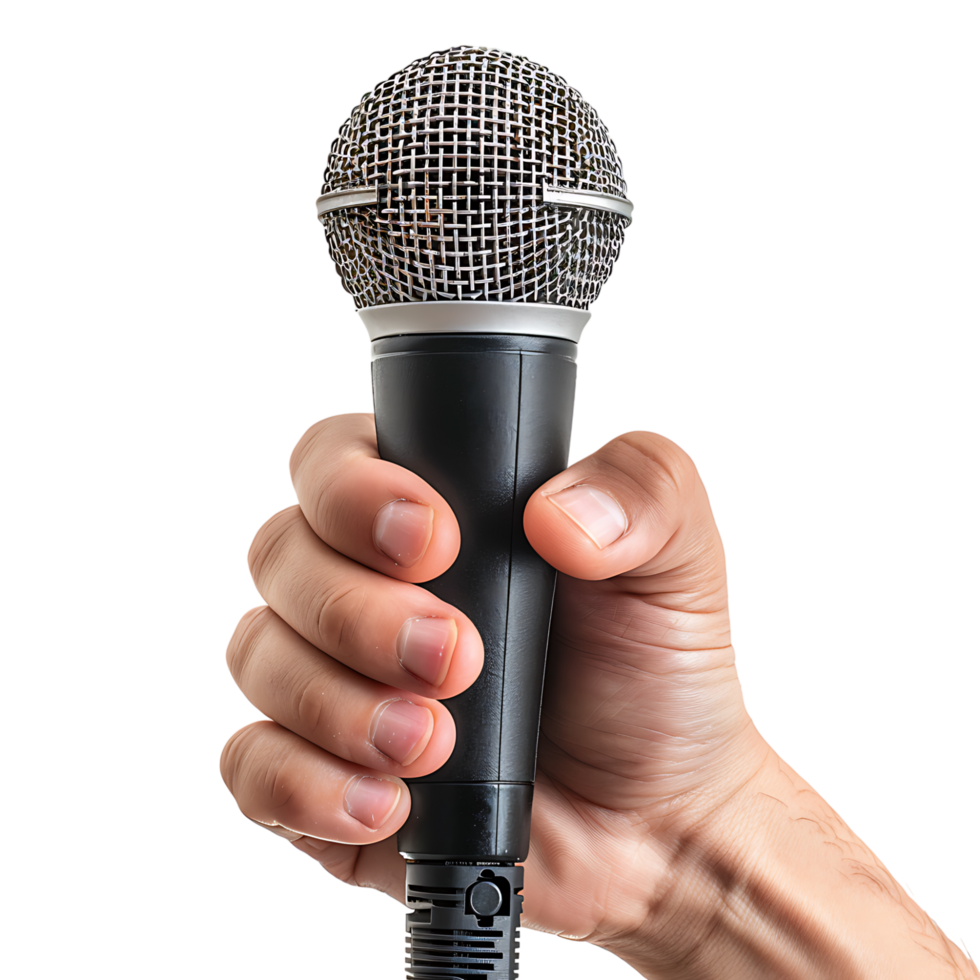 Hand holding giving microphone on isolated transparent background png
