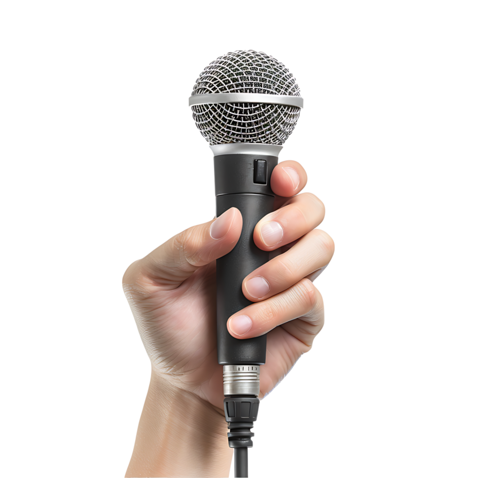 Hand holding giving microphone on isolated transparent background png