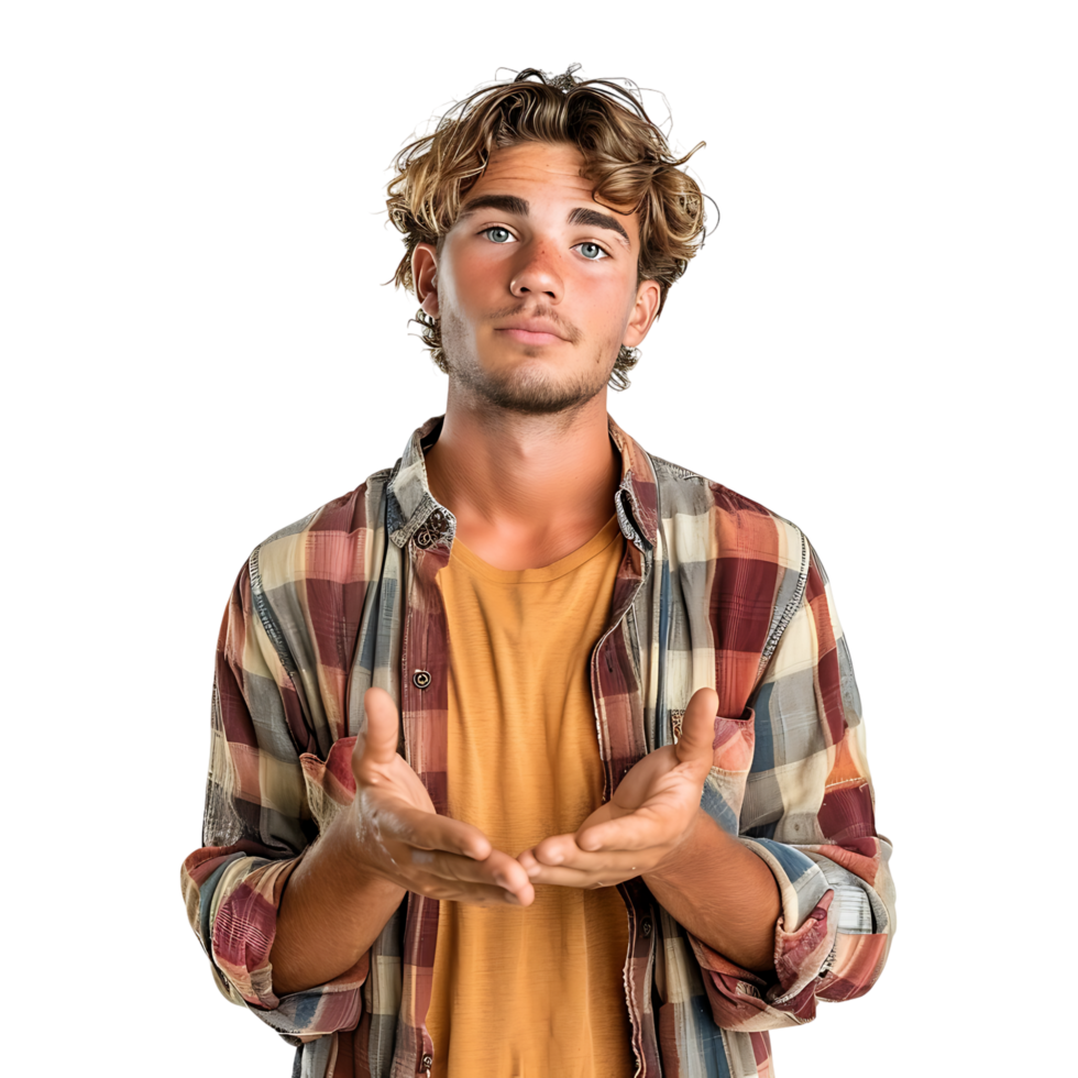 Hesitant young man looking gesture on isolated transparent background png