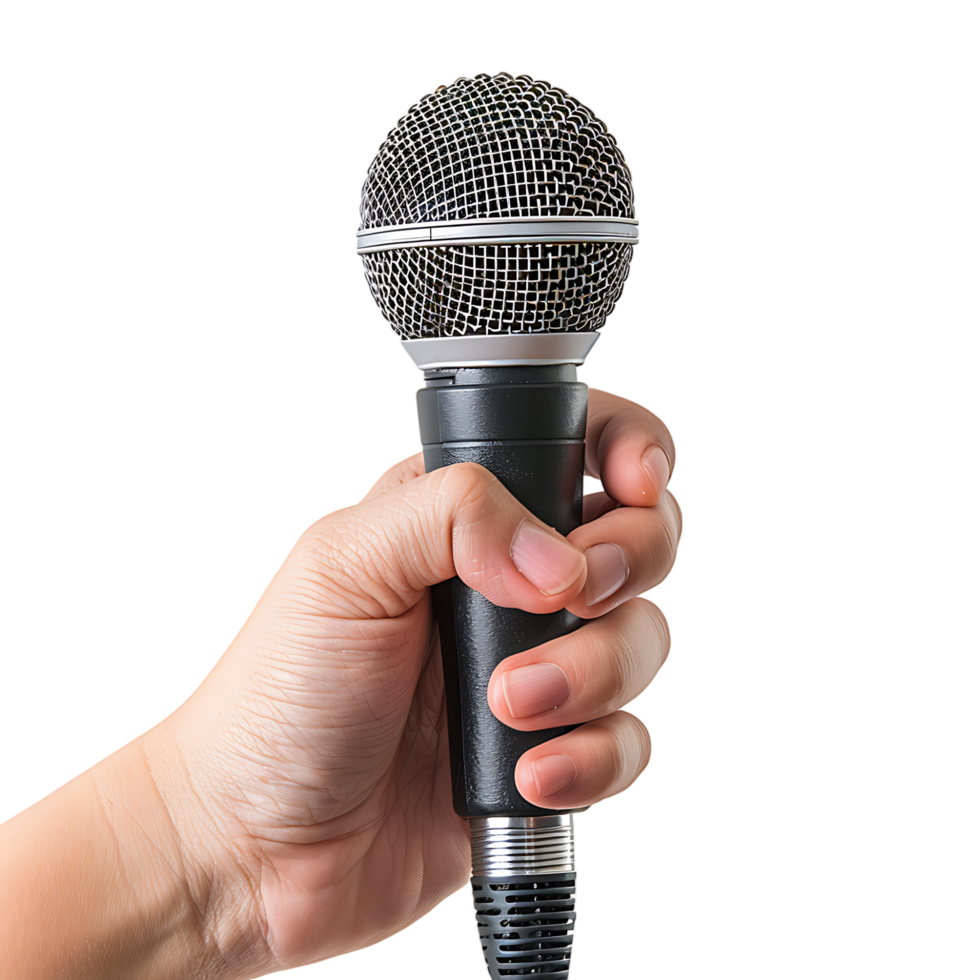 Hand holding giving microphone on isolated transparent background png