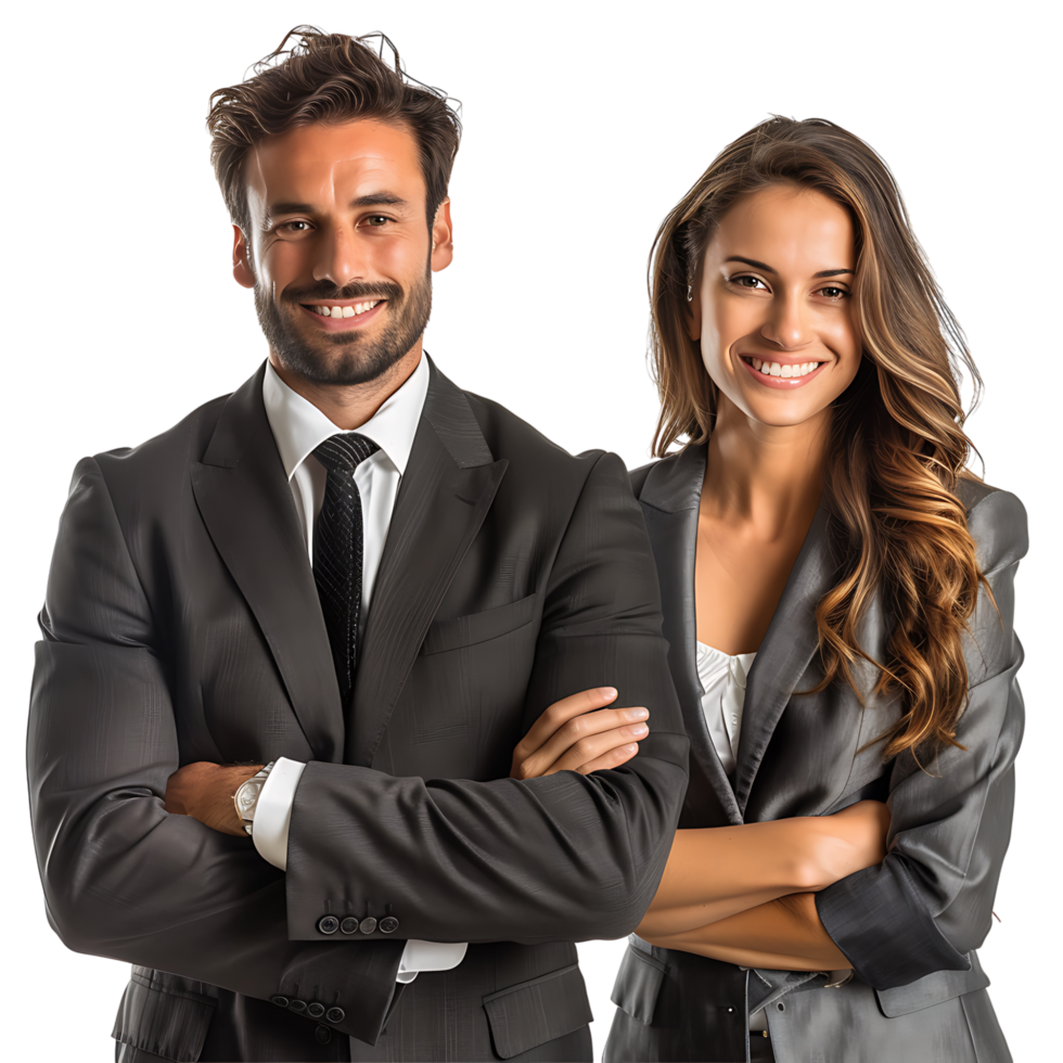 Happy businessman and businesswoman on isolated transparent background png