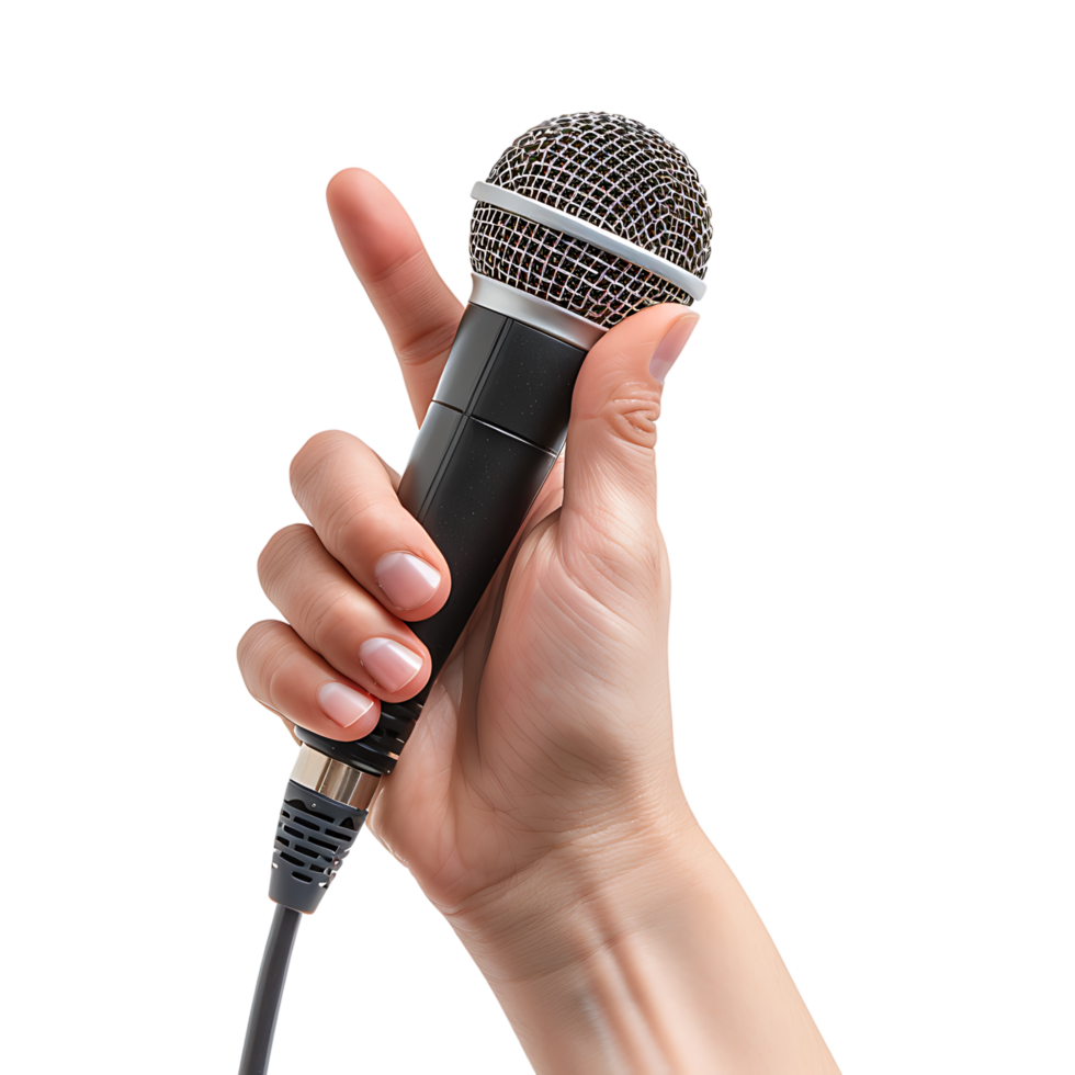 Hand holding giving microphone on isolated transparent background png