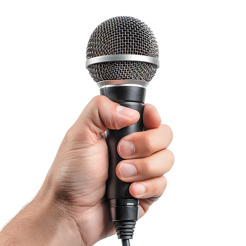 Hand holding giving microphone on isolated transparent background png