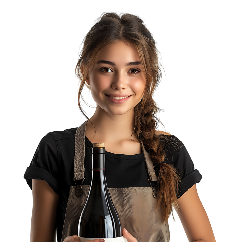 Portrait of beautiful smiling waitress holding bottle of wine on isolated transparent background png