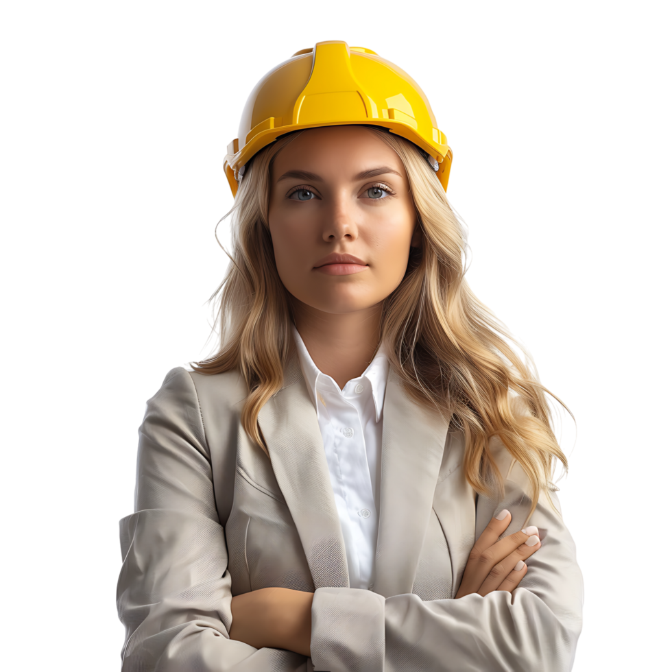 business woman architect in yellow helmet on isolated transparent background png