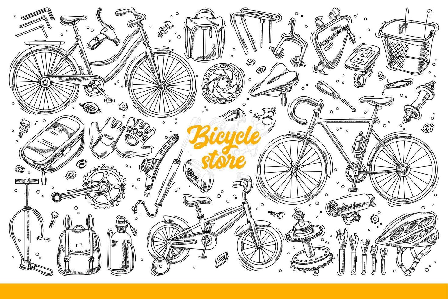 Bicycle spare parts and equipment for cycling in park, for ads store for cyclists. Hand drawn doodle vector