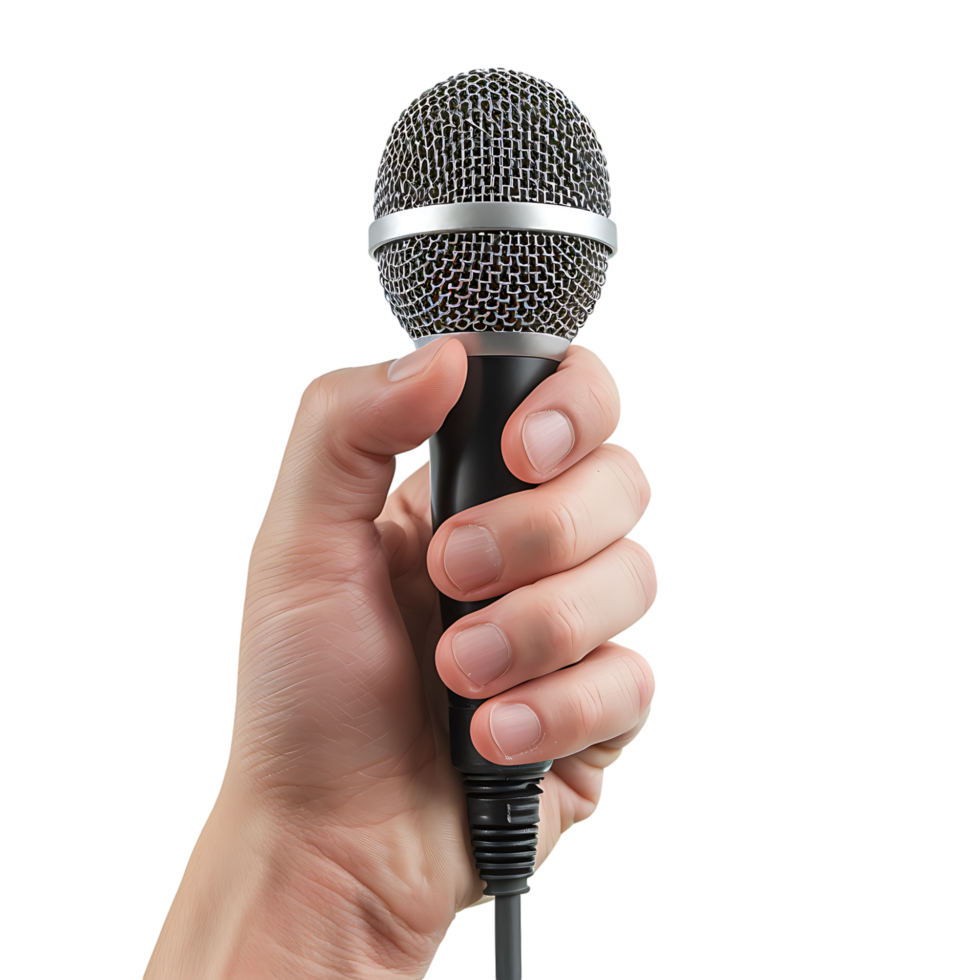 Hand holding giving microphone on isolated transparent background png