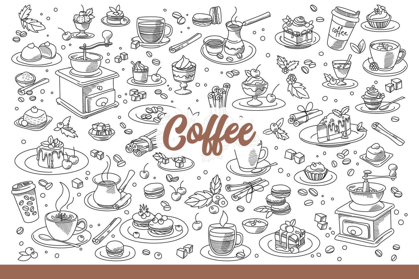 Coffee accessories and beans for delicious, invigorating breakfast. Hand drawn doodle. vector