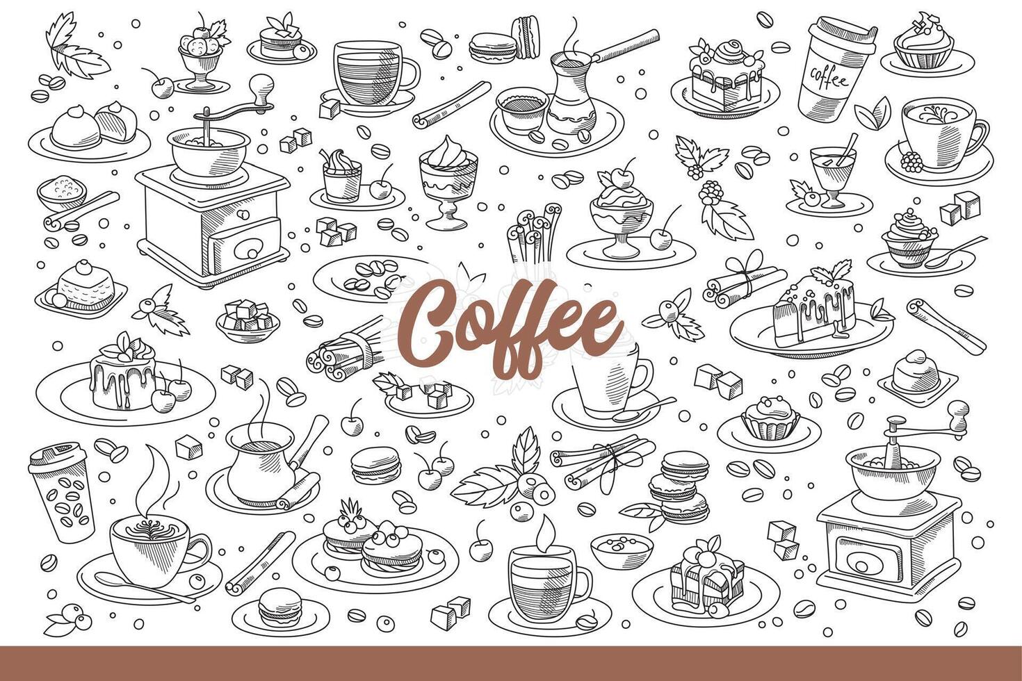 café accesorios y frijoles para delicioso, vigorizante desayuno. mano dibujado garabatear. vector