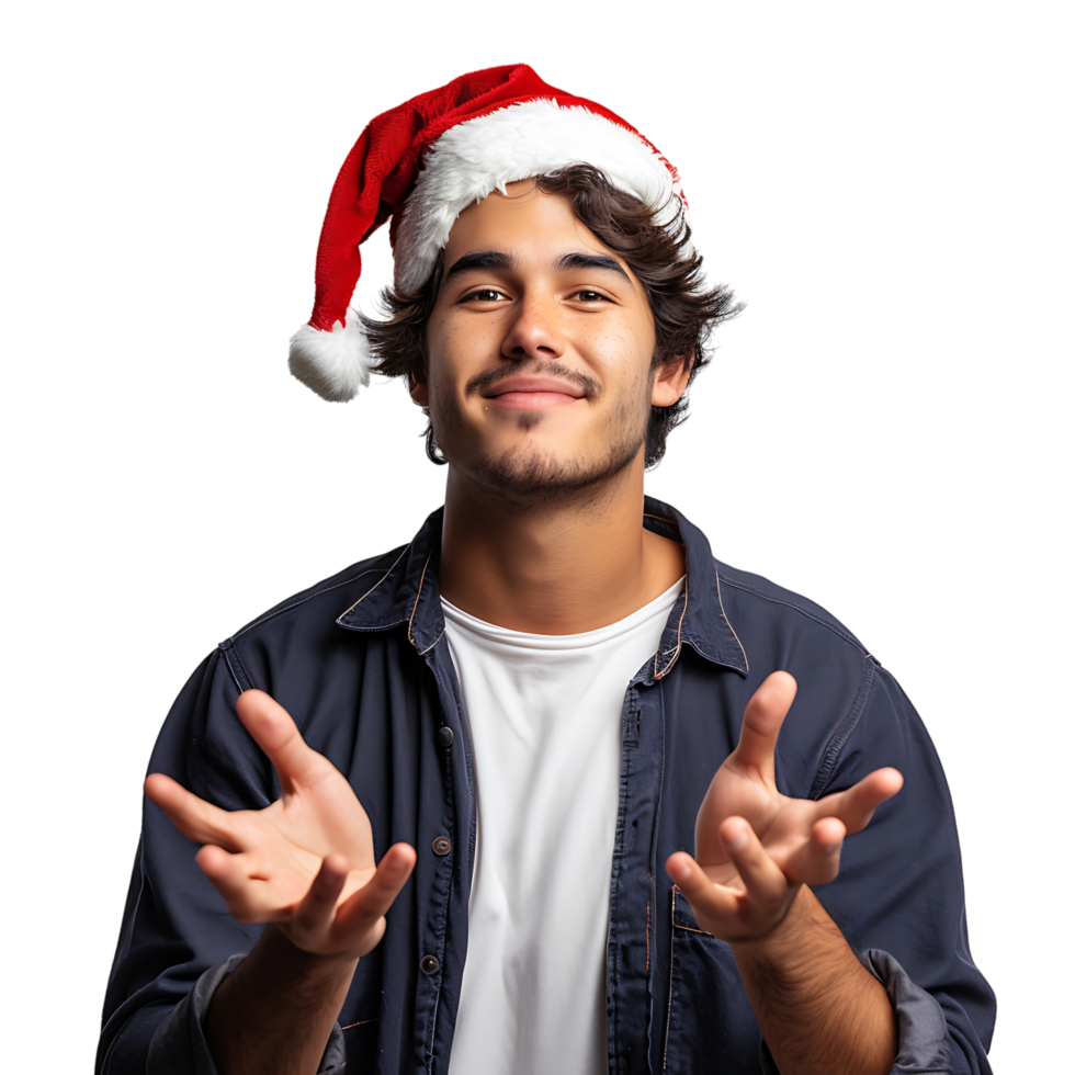 Young man wearing a christmas hat while gesturing on isolated transparent background png