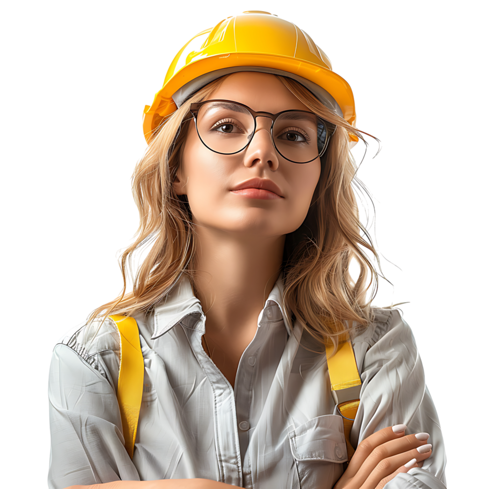 business woman architect in yellow helmet on isolated transparent background png