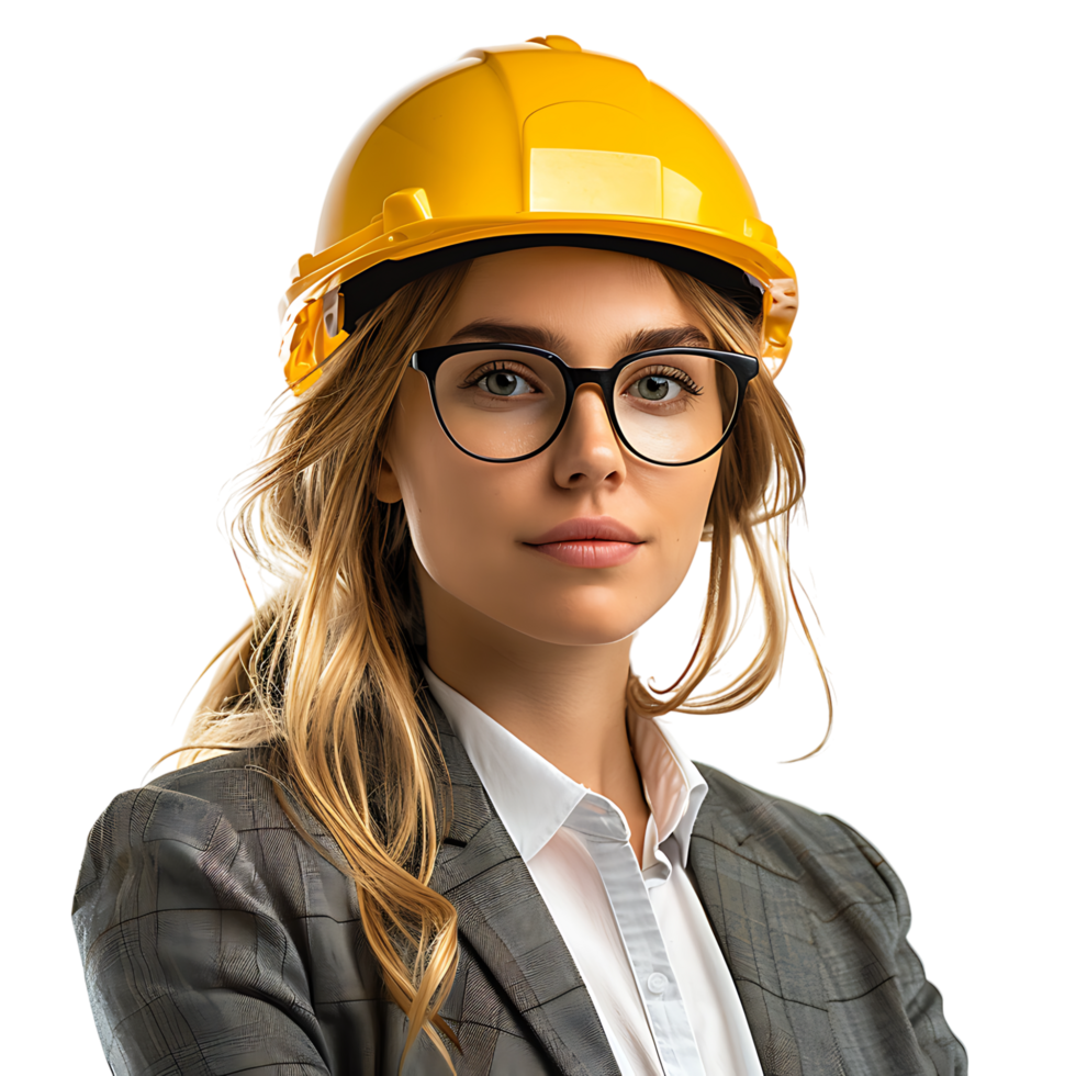 business woman architect in yellow helmet on isolated transparent background png