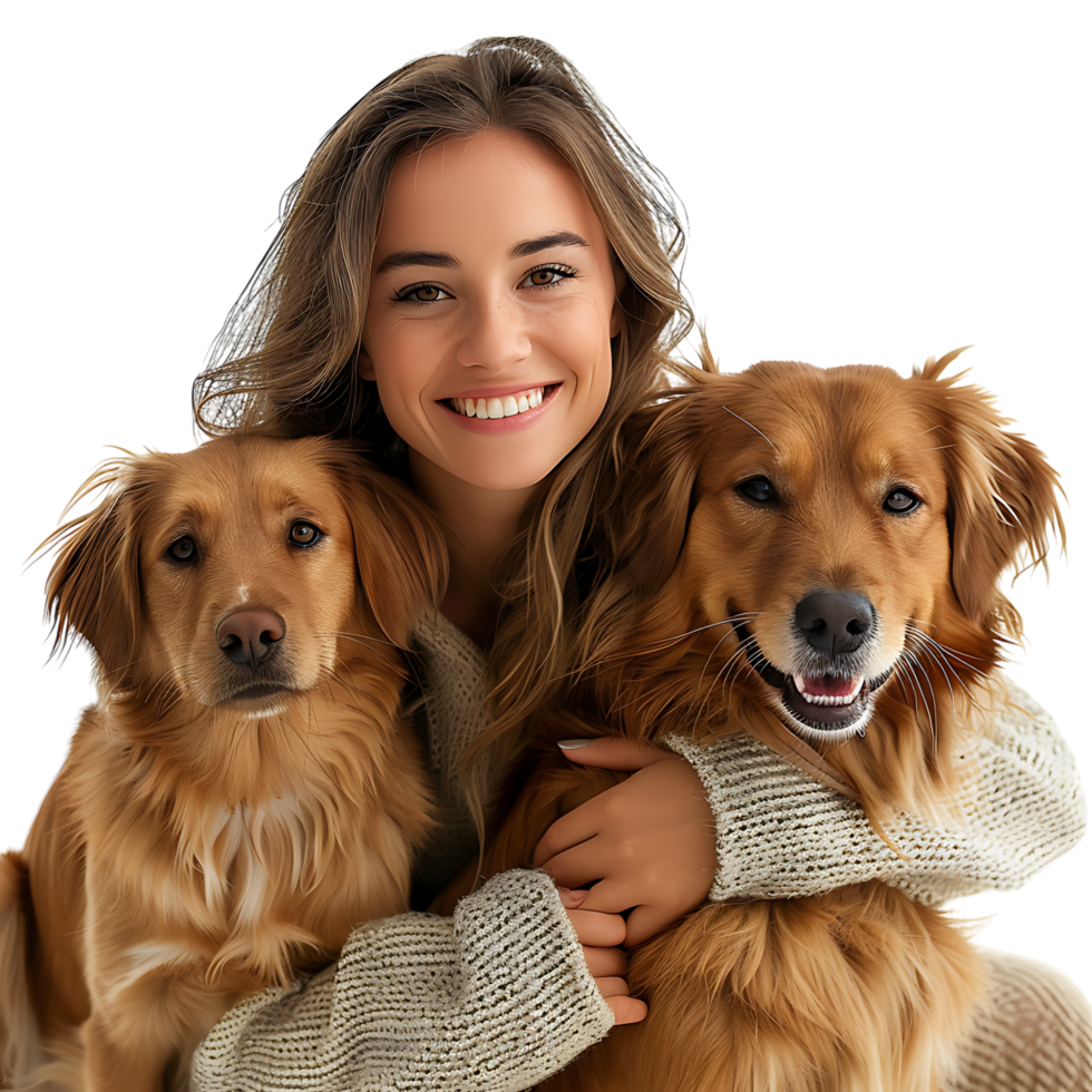 Woman with 2 pet dogs on isolated transparent background png