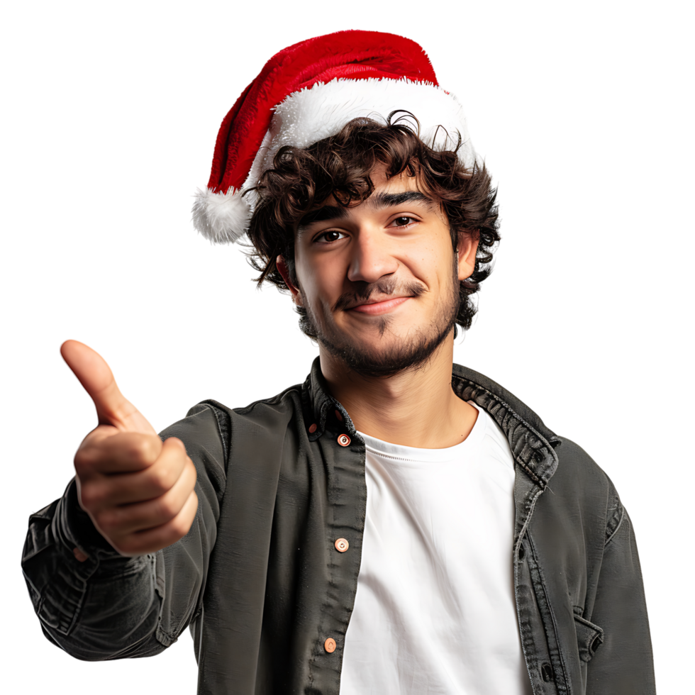 Young man wearing a christmas hat while gesturing on isolated transparent background png