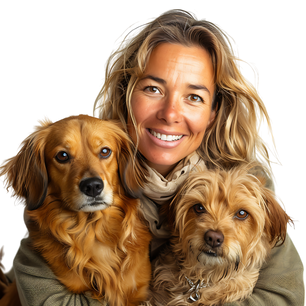 Woman with 2 pet dogs on isolated transparent background png