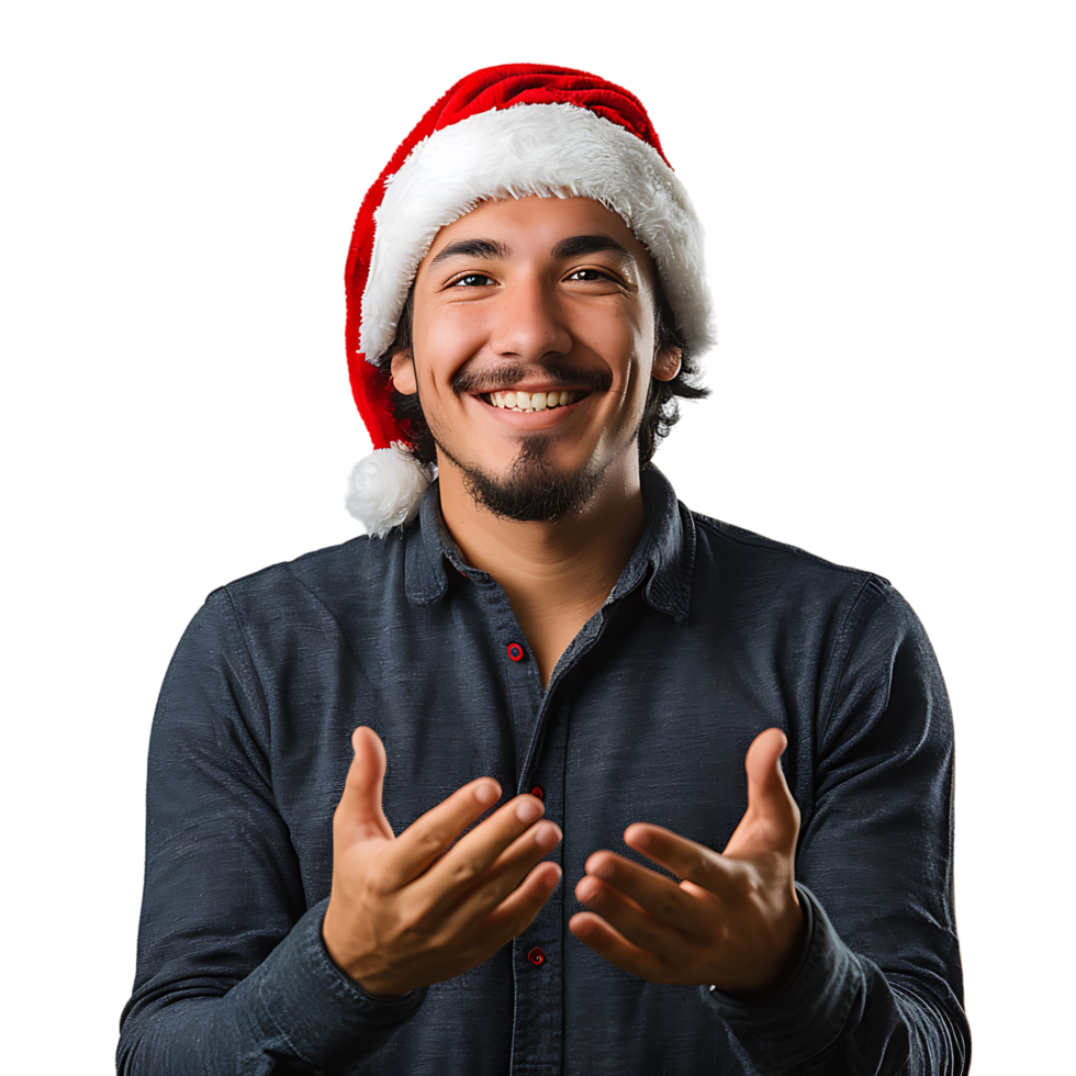 Young man wearing a christmas hat while gesturing on isolated transparent background png