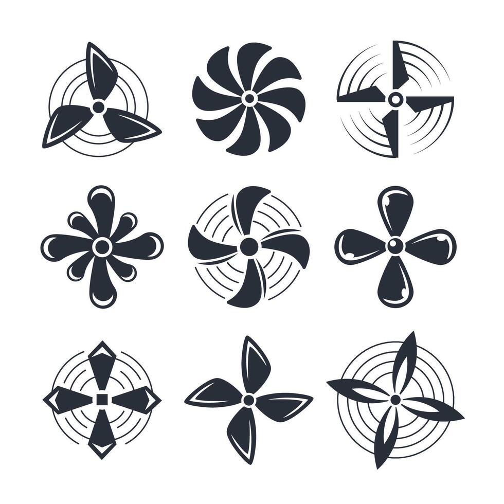 Airplane propellers and motor blades. Plane propellers set. Symbols fan rotating. vector