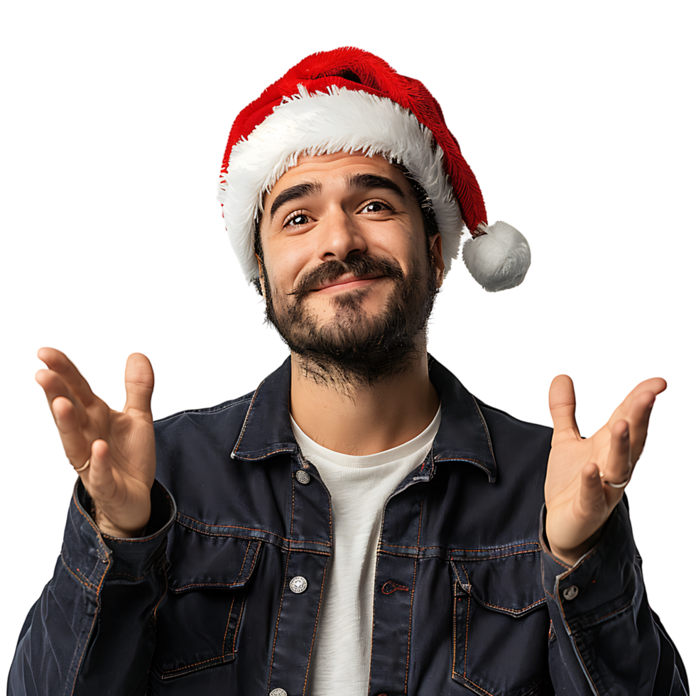 Young man wearing a christmas hat while gesturing on isolated transparent background png