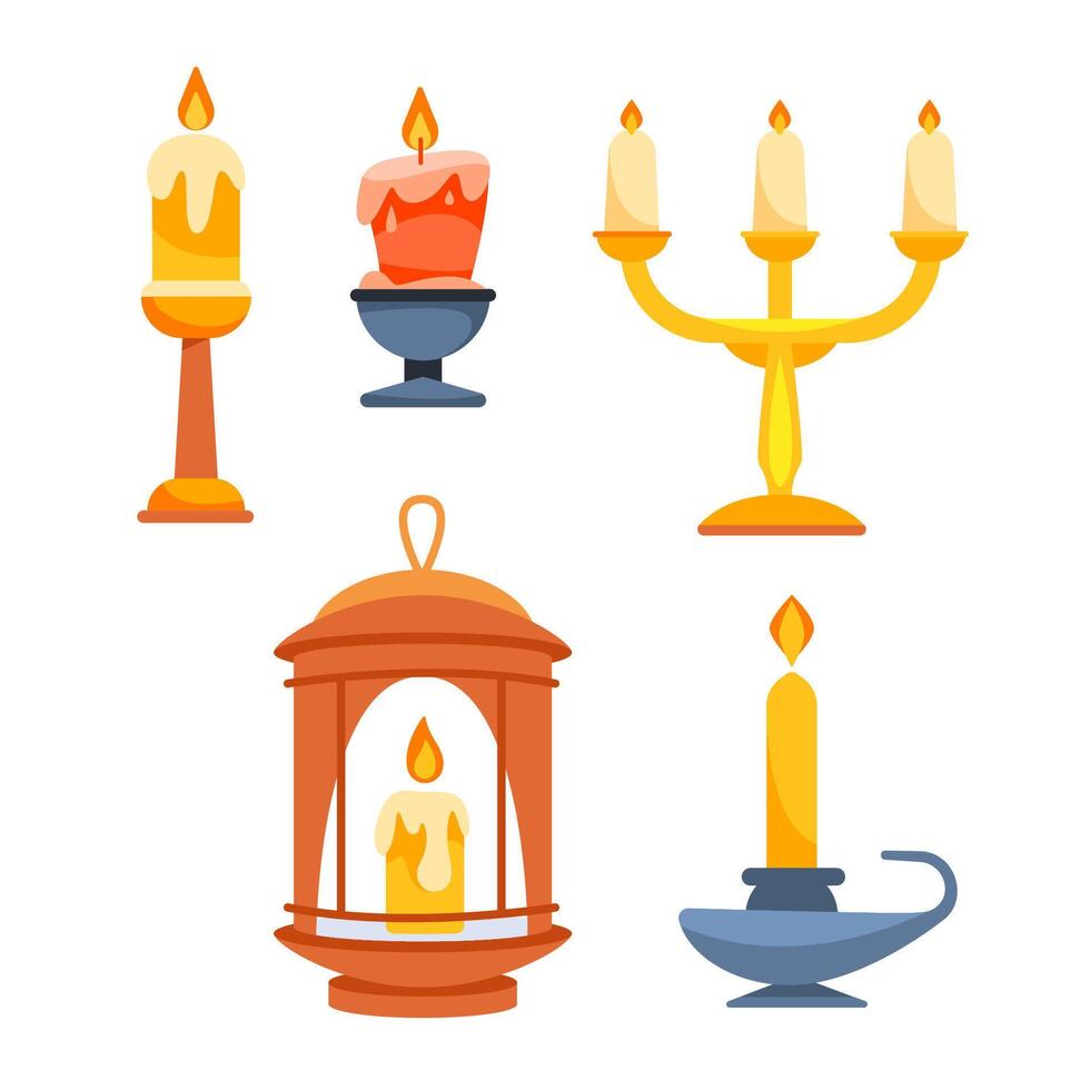Cartoon ancient candlesticks, wax candle vintage holders. Decorations traditional lighting. vector