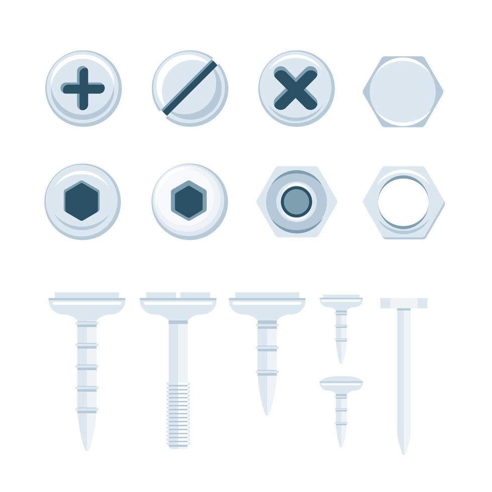 Flat nails caps. Bolt heads top view. Metal screws, nuts. Construction steel screw. vector