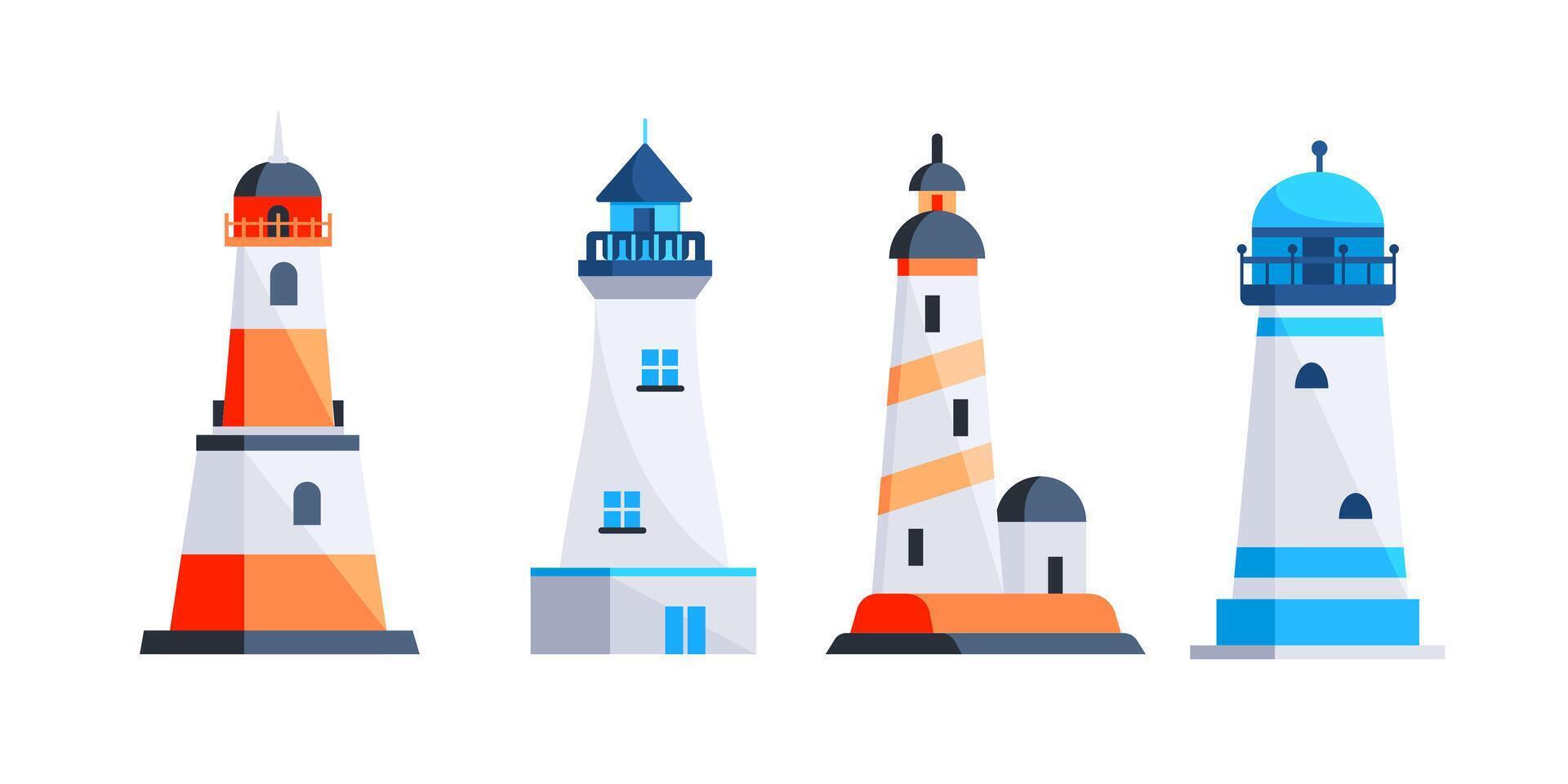 Set of lighthouses. Tower with floodlight on coast for maritime navigation vector