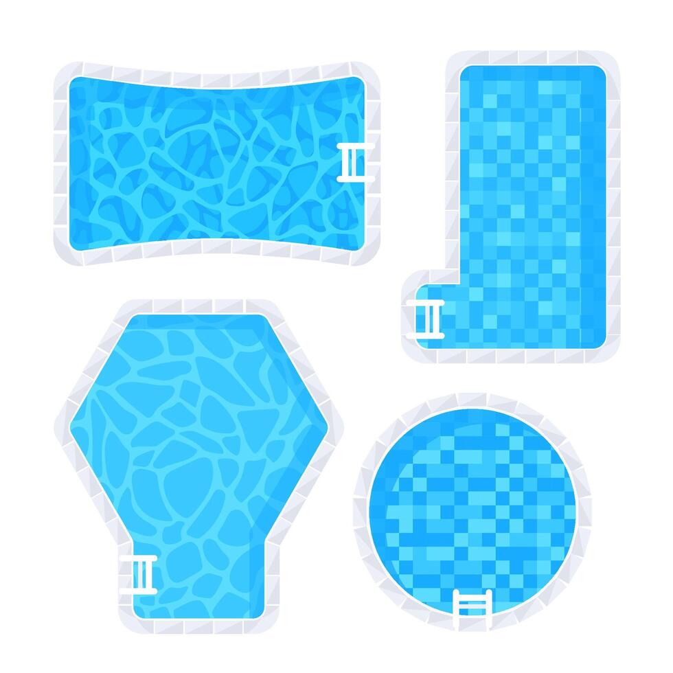 Pool top view. Set swimming pools. Shape blue aqua reflection set vector