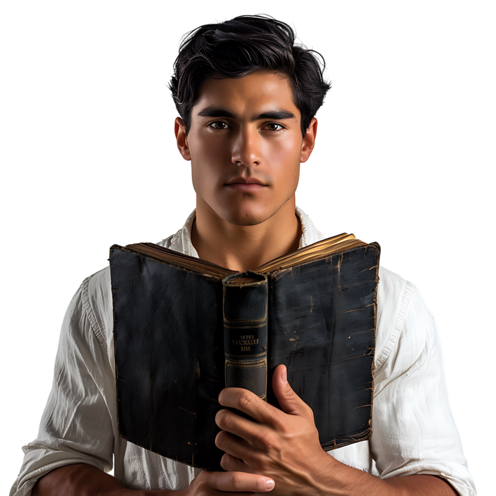 Man holding a book on isolated transparent background png
