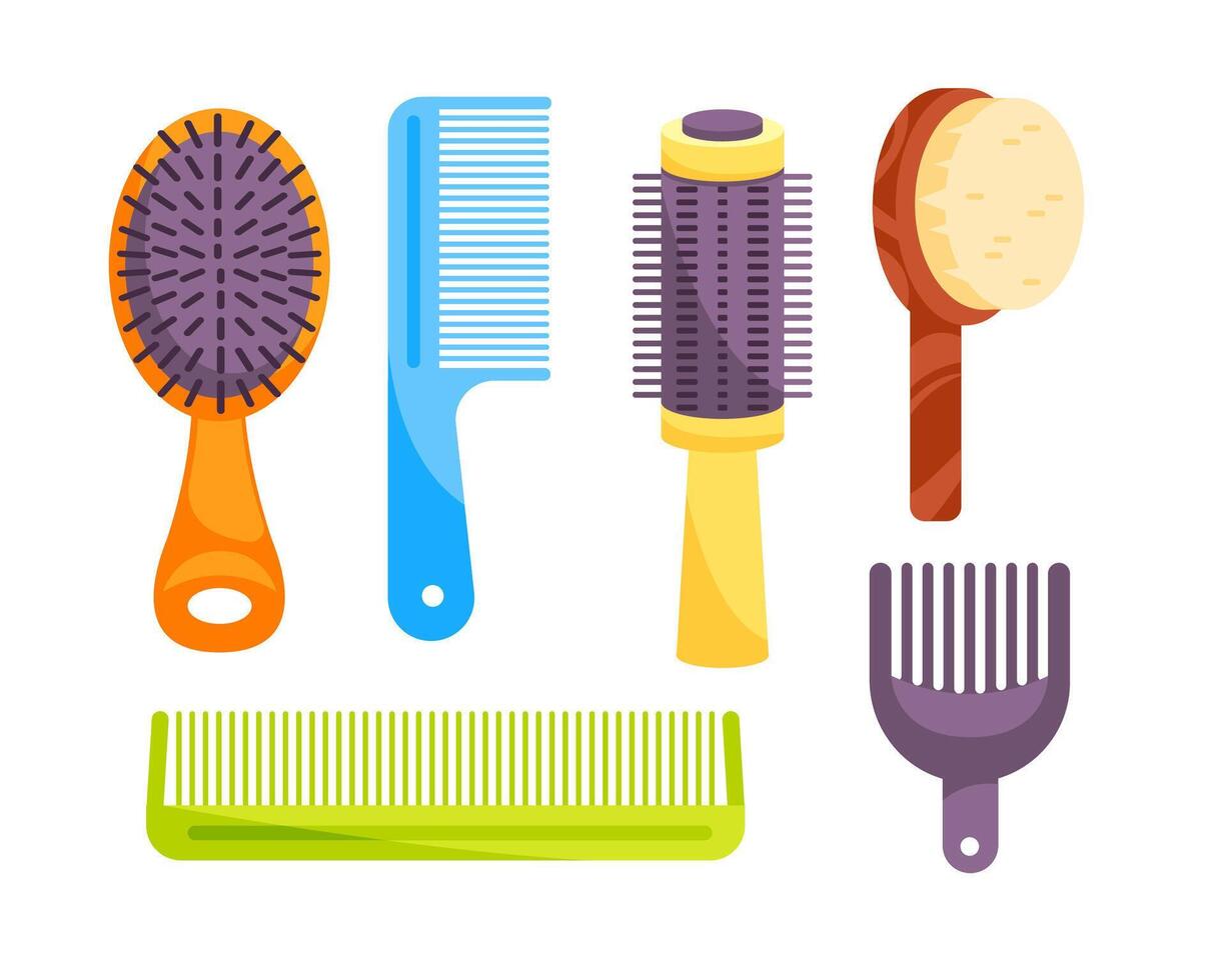 Set hairbrushes and professional comb for hair styling. Stylist and beauty salon tools vector