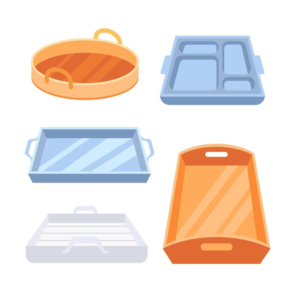 Empty meal tray. Tray food dish cafeteria service. Wooden, plastic and metal kitchen neoteric vector