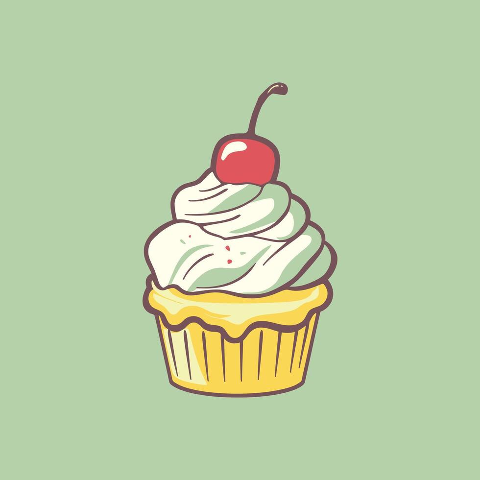 Melted ice cream balls inside the waffle cone and on top of the cherry. vector