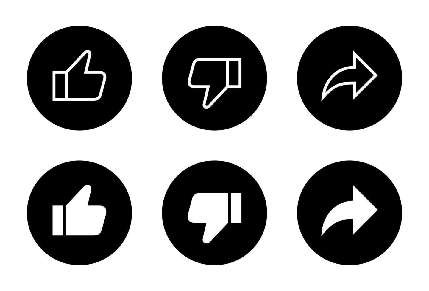 Like, dislike, and share icon on black circle. Social media elements vector