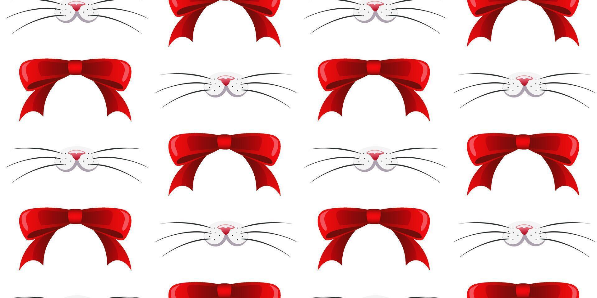 Cute pink nose with pet mustache with red bows on a white background. For fabric, wallpaper, wrapping paper, holiday packaging. vector