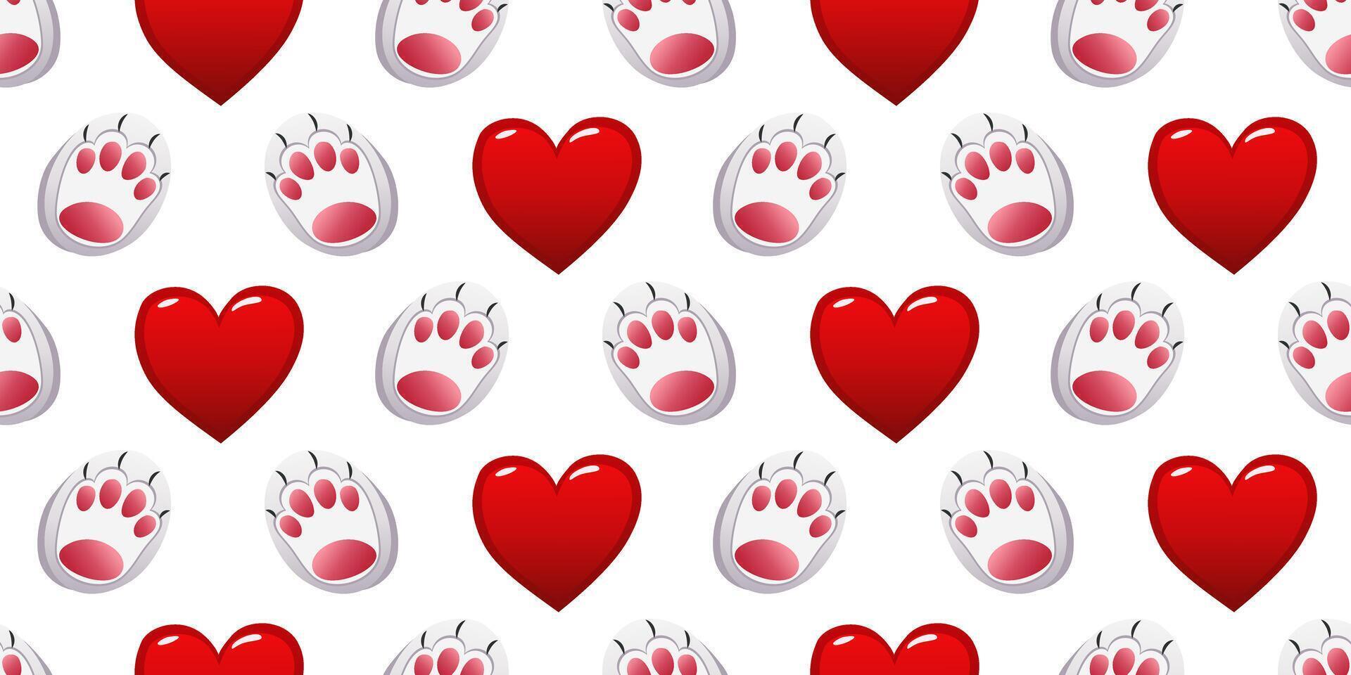 A pattern of hearts and paw prints on a white background. For fabric, wallpaper, wrapping paper, packaging. vector