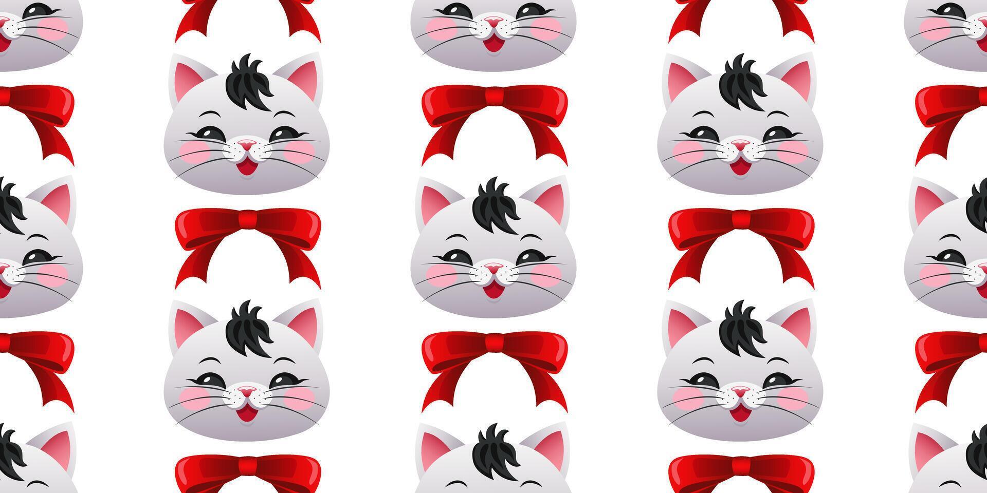 Childish pattern with cute kittens and red ribbon bows on a white background. For fabric, wallpaper, wrapping paper, holiday packaging. vector