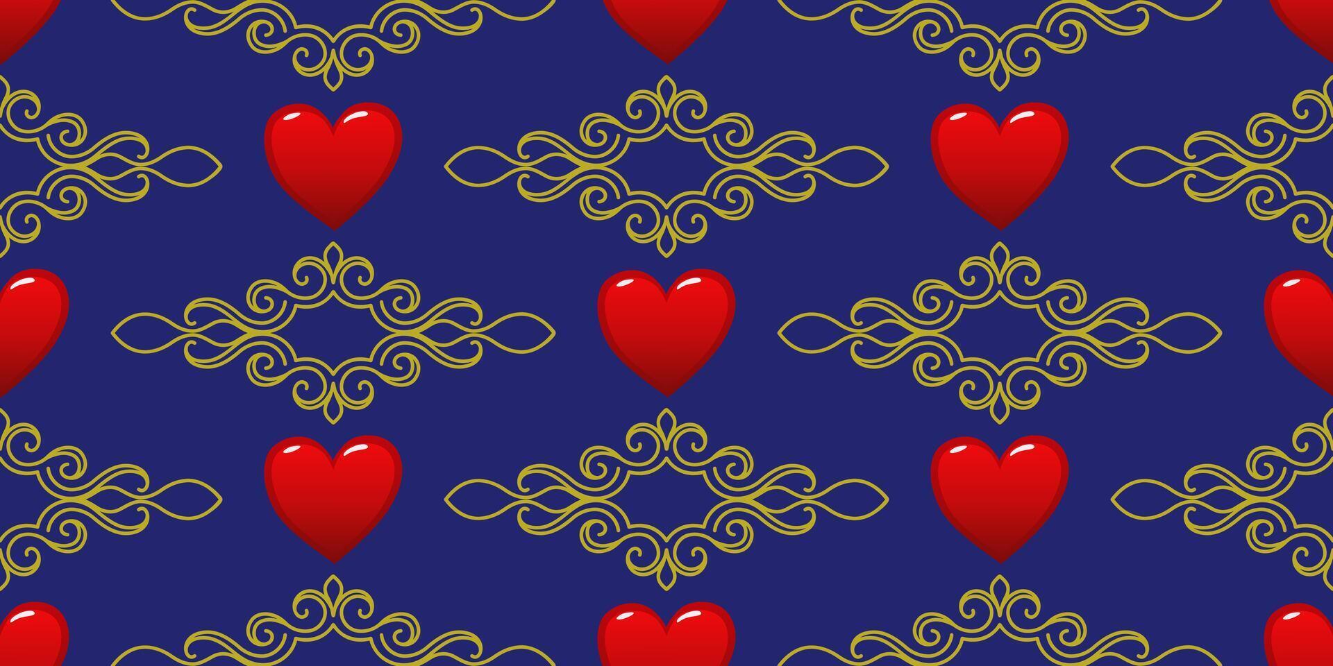 Golden ornament with red hearts on a blue background. For fabric, wallpaper, wrapping paper, holiday packaging. vector