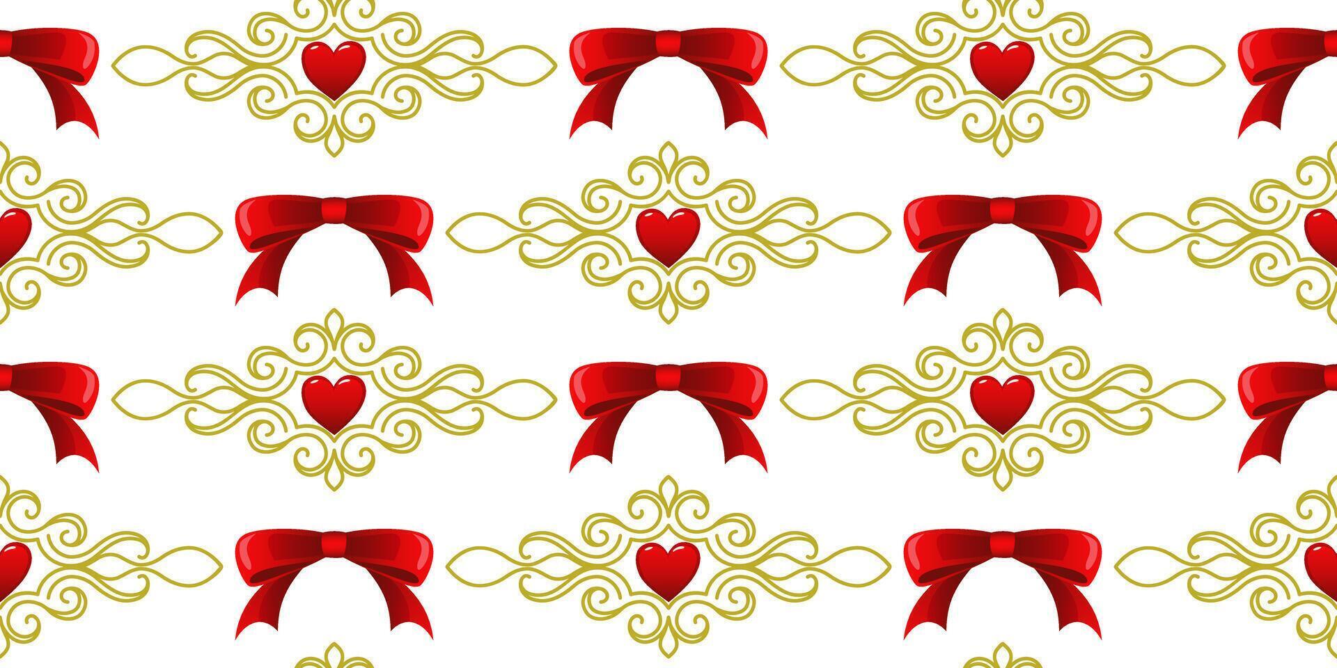 A pattern of red bows and gold swirls with a heart in the middle. For fabric, wallpaper, wrapping paper, holiday packaging. vector